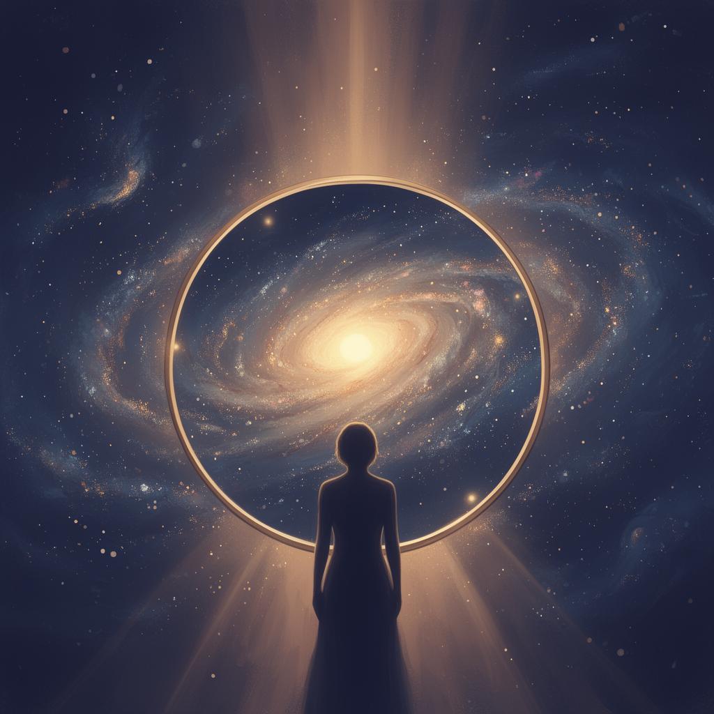 Silhouette gazing into a mirror reflecting a galaxy and rising sun