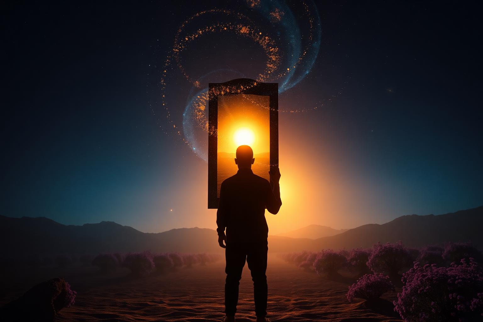Silhouette at desert crossroads gazing into a mirror reflecting a rising sun